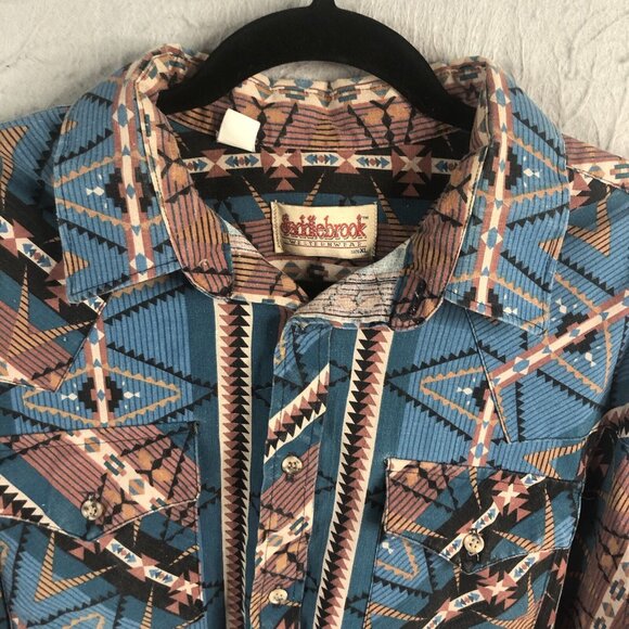 Vintage Saddlebrook Western Shirt Mens Extra Large Blue Tan Aztec Tribal Cowboy - Picture 9 of 16